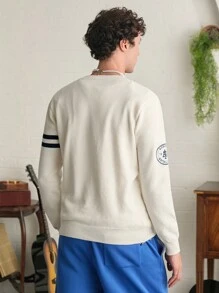 Manfinity EZcore V-Neck Letter Applique & Striped Print Long Sleeve Pullover Sweater - Apricot - View 2