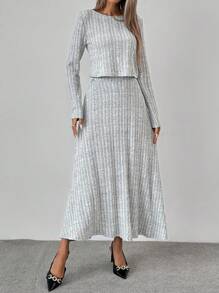 Chiquease 2pcs Women's Solid Color Crew Neck Long Sleeve Top And Skirt Set - Grey - View 5