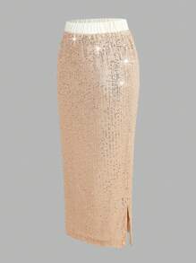 SHEIN Clasi Váy bút chì eo co giãn đa năng đính hạt cườm thanh lịch dành cho nữ - Màu be - Xem 3