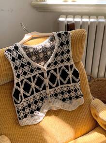 Comfortcana Women's Casual Diamond Pattern Knitted Cardigan Vest