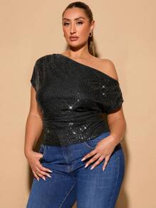 SHEIN BAE Blusa elegante de manga corta con hombros descubiertos, asimétrica, con lentejuelas brillantes negras, adecuada para fiestas elegantes y ocasiones elegantes de Halloween, para mujeres de talla grande en otoño - Negro - Ver 5
