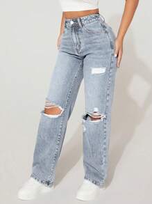 SHEIN PETITE High-Waisted Ripped Loose Y2K Autumn And Winter Warm Jeans Thermal Denim