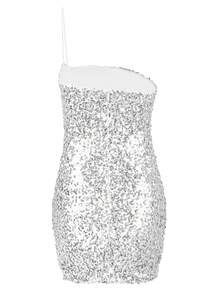 Women Sequin One Shoulder Mini Bodycon Dress In Silver - Silver - View 10