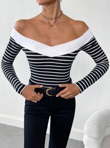SHEIN Privé Women's Black And White Striped Strapless Long Sleeve T-Shirt Top,Sexy And Elegant Style,Off Shoulder Top,Off Shoulder Long Sleeve,Spring, Fall And Winter Tops,Suitable For Daily, Commuting, Holiday,Dating