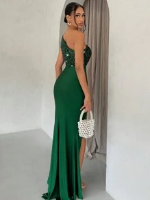 Glamine Asymmetrical And Sequin Patchwork, High Waisted Side Pleated And Open Elegant Dress, Women's Long Skirt,Party Dresses,Birthday Women Outfits,Green Women Dresses,Dinner Outfit,Bridesmaid Dresses,Sexy Dresses,Semi Formal Dresses,Formal Gown Maxi Women Outfit - Dark Green - View 2