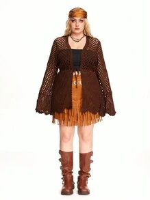 ROMWE Hippie 大码休闲纯色镂空针织开衫，棕色女式开衫