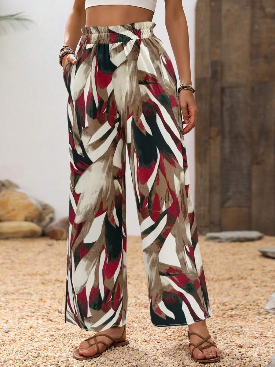 SHEIN PETITE Pantalones rectos de estampado de plantas casual - Multicolor - Ver 1