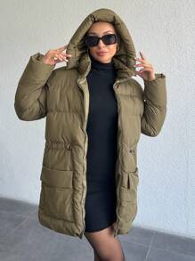 EURMUSE KHAKI PUFFER KEEP WARMING DRAW STRING BELT DETAIL WINTERCOAT - Khaki - View 3