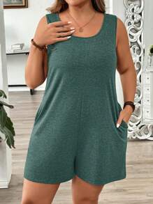 SHEIN LUNE Plus Size Solid Color Crew Neck Sleeveless Pocket Simple Romper, Casual Daily Wear - Dark Green - View 3