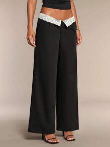 SHEIN BAE Women's Black Solid Color Waist Fold Lace Contrast Wide Leg Loose Elegant Casual Pants