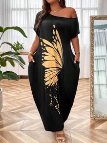 SHEIN LUNE Plus Butterfly Print Hidden Pocket Batwing Sleeve Dress Maxi Women Outfit - Black - View 1