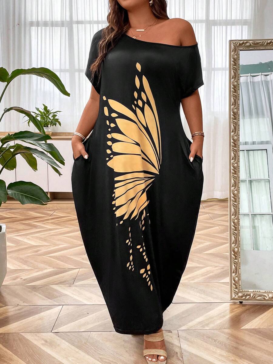 SHEIN LUNE Plus Butterfly Print Hidden Pocket Batwing Sleeve Dress Maxi Women Outfit - Black - View 1
