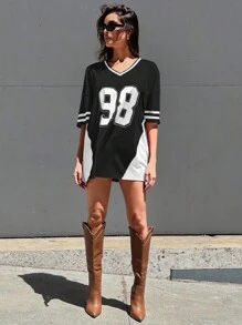 Denimoi Camiseta de fútbol holgada de bloques de color con estampado numérico, informal, de verano