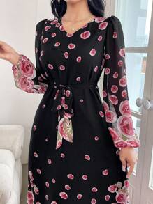 Modelyn 优雅花卉印花灯笼袖连衣裙，春/秋