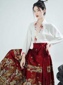 Autumn Hanfu Inspired Blouse With Embroidery Details And Mandarin Collar, Loose Fit (Skirt Not Included) - White - View 5