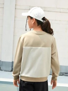 SHEIN Tween Girls Outdoor Sports Hiking Camping Picnic Boating Mountaineering Gray Patchwork Zipper Pocket Warm Comfortable Casual Pullover Sweatshirt For Fall Winter