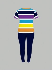 BamGleam 2pcs Women Fashionable Colorful Stripe Print T-Shirt And Pants Casual Set