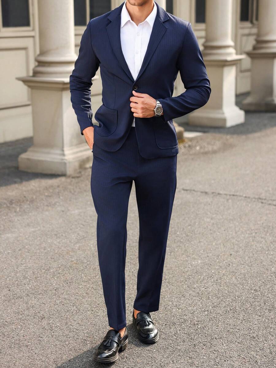 Manfinity Mode Men's Stand Collar Buttoned Front Long Sleeve Minimalist Blazer And Pants Set - Navy Blue - View 1