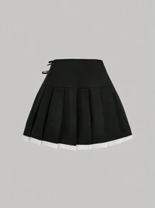 SHEIN MOD 女士荷叶边拼布蝴蝶结褶皱灰色迷你裙、黑色裙子、外出裙、返校、秋季服装 - 黑色 - 查看 2