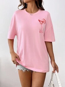 Breezaya 女式夏季标语饮料印花宽松休闲圆领落肩 T 恤 - 粉色 - 查看 2