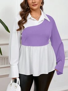 SHEIN Privé Áo sơ mi dài tay màu tương phản đen trắng thoải mái thường ngày cỡ lớn dành cho nữ có viền rộng - Màu tím - Xem 6
