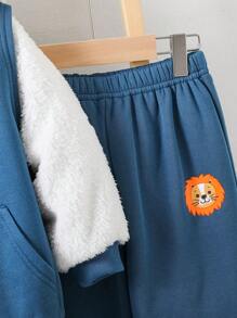 Buy 2 Get 1 Free 3pcs/Set Young Boys Casual Collegiate Comfortable And Fashionable Simple Practical Versatile Tiger Graphic Fleece Hooded Vest, Crew Neck Sweatshirt And Pants Suits, Young Boy Back To School Outfits, Ideal For Daily Wear, School, Outings And Sports In Autumn/Winter - Blue - View 7