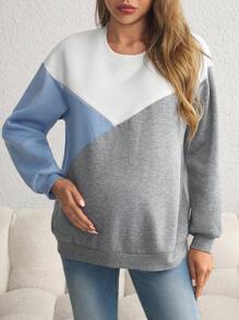 SHEIN Áo nỉ cho con bú chắp vá nhiều màu sắc thường ngày dành cho bà bầu, áo nỉ cho con bú chắp vá - Màu Xám nhạt - Xem 3