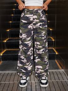 SHEIN Explorewe 女孩街头洗漱假日迷彩印花牛仔连衣裤