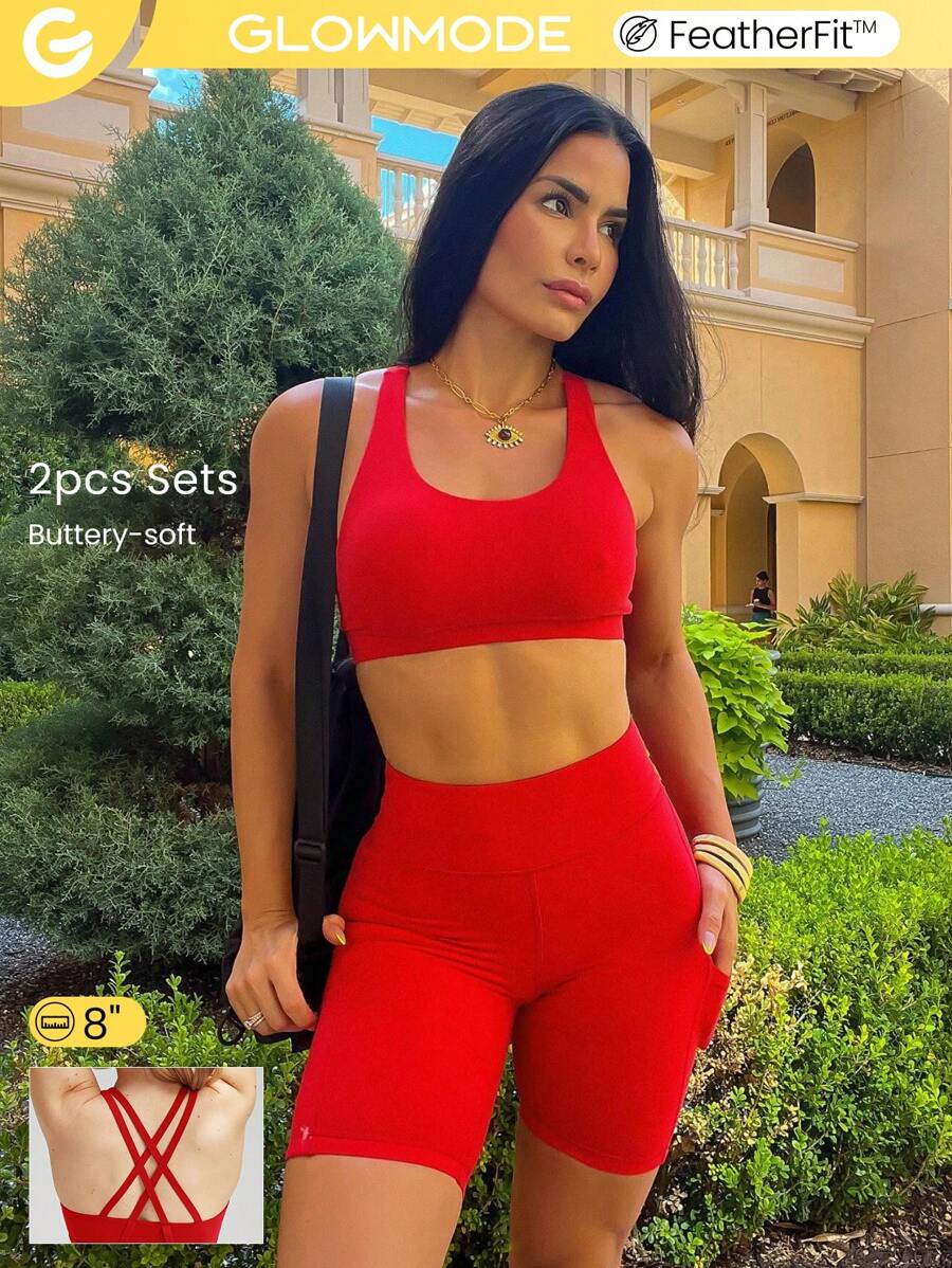 GLOWMODE FeatherFit™運動胸衣和8英寸短褲套裝，背帶式胸衣背心，高腰側口袋騎行短褲，低衝擊瑜伽日常跑步運動健身夏季 - 紅色 - 查看 1