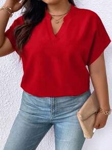 SHEIN CURVE+ Plus Size Women's Solid Color Minimalist Casual Short Sleeve Shirt For New Year Clothes - Red - View 5