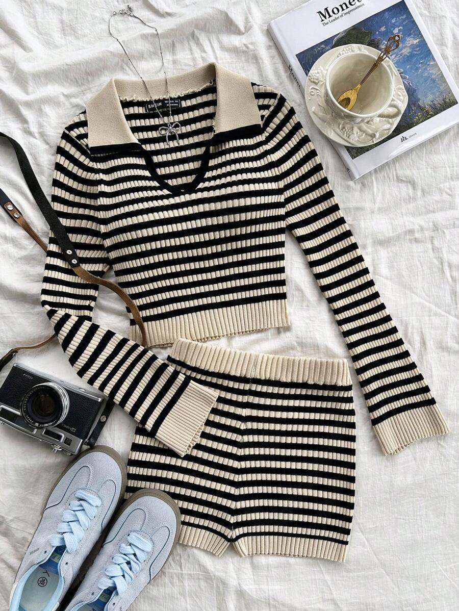 Soleia WYWH 女士度假条纹休闲针织两件套、有领长袖上衣、短裤针织套装 - 黑與白 - 查看 1