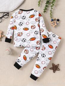SHEIN 2pcs Baby Boy Cartoon Print Color Block Crew Neck Long Sleeve Sleepwear Set - Black - View 2