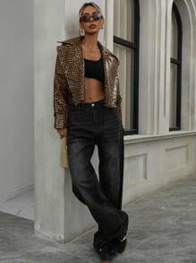 Aveloria Slim Fit Biker Style Random Leopard Print PU Leather Jacket - Black - View 5