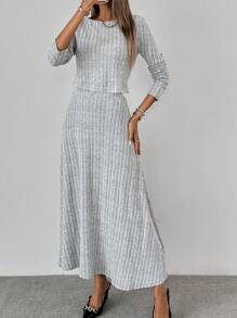 Chiquease 2pcs Women's Solid Color Crew Neck Long Sleeve Top And Skirt Set - Grey - View 7