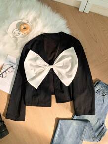 SHEIN Privé Plus Size Women's Black & White Color Block Bow Detachable Cardigan Jacket - Black and White - View 6