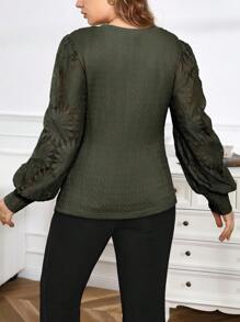 SHEIN Privé Plus Size Elegant Lace Patchwork T-Shirt, Spring Autumn - Army Green - View 2