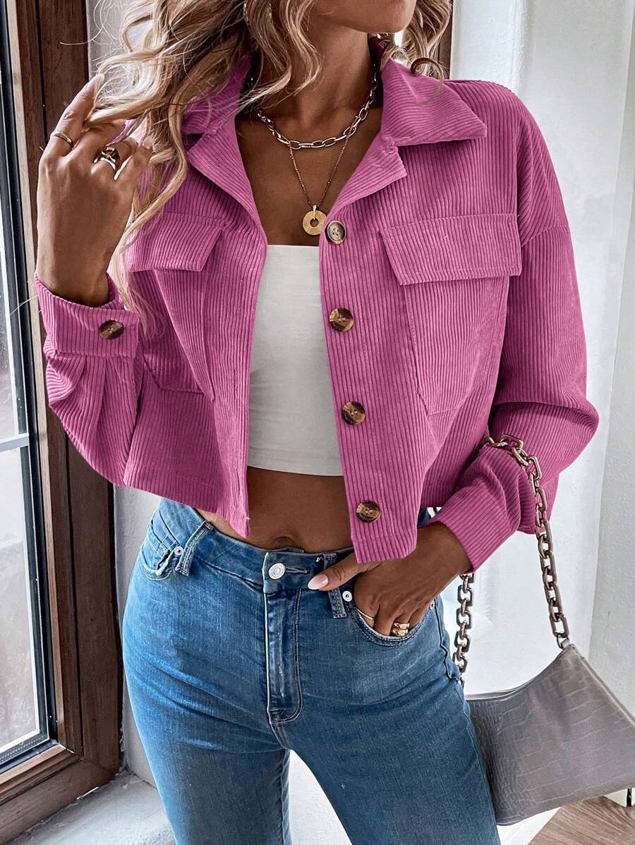SHEIN LUNE Solid Color Casual Crop Jacket, Spring/Fall - Hot Pink - View 1