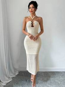 Zolique Vestido de cuello de halter con tejido anillado metálico, nuevo para 2024 - Albaricoque - Ver 8