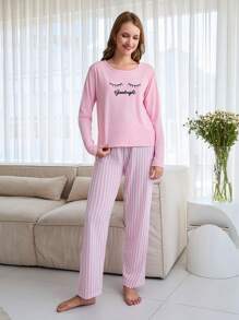 EURMUSE Cotton 2Pcs  Eye Printed Shirt And Striped Long Bottom Pj Set - Pink - View 5