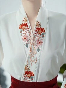 Autumn Hanfu Inspired Blouse With Embroidery Details And Mandarin Collar, Loose Fit (Skirt Not Included) - White - View 6
