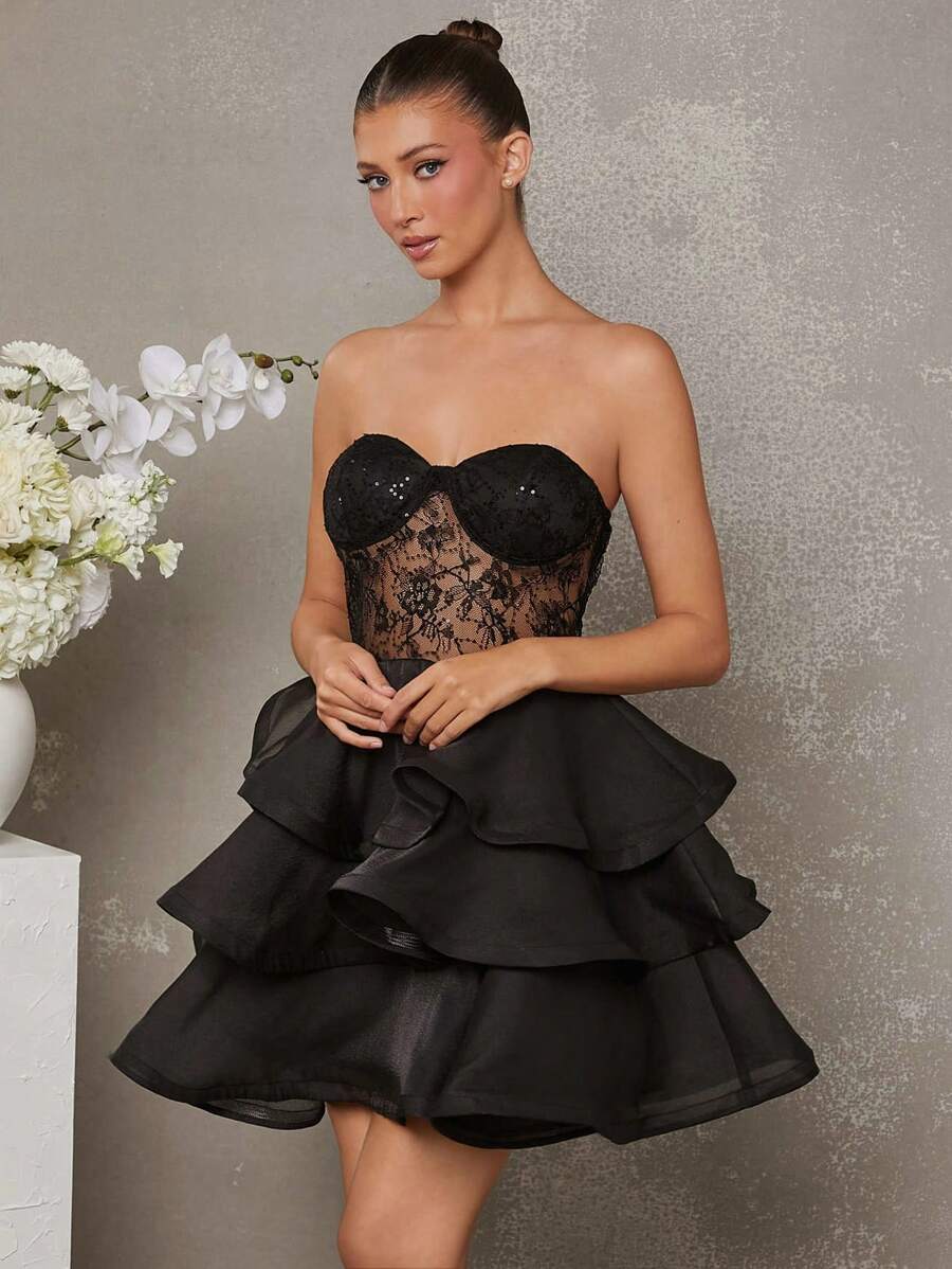 L'Amorae 亮片节日派对分层欧根纱迷你连衣裙，圣诞服装女士 - 黑色 - 查看 1