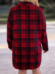 SHEIN LUNE Klassischer roter & schwarzer karierter Lässig mantel mit Tasche, Große Größen