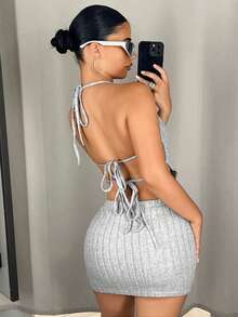SHEIN ICON Women's Summer Halter Backless Tied Up Vest And Low Waist Mini Skirt Set - Light Grey - View 2