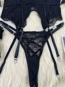 女士性感内衣套装，带吊袜带蕾丝紧身衣，泰迪熊连裤袜和丝袜（赠送手链项链），外出必备 - 黑色 - 查看 8