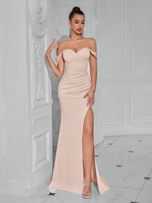 ADYCE Solid Color Off-Shoulder Elegant Ruched Open Back High Slit Cinched Waist Maxi Cocktail Dress, Suitable For Birthday, Wedding Guest, Graduation Ceremony, Gala, Homecoming And Other Semi-Formal Occasions - Apricot - View 6