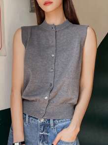 Dazy-Less Damska jednokolorowa kamizelka bez rękawów z dzianiny z guzikami z przodu, codzienna odzież na co dzień, styl Old Money, jesienne ubrania, biznesowe, codzienne ubrania damskie do pracy - Szary - Zobacz 2