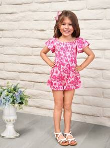 SHEIN Young Girl Cute Casual Round Neck Ruffle Sleeve Ruched Flower Pattern Jumpsuit - Hot Pink - View 10