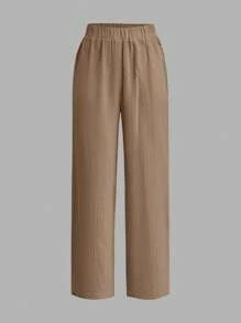 SHEIN Essnce Bộ trang phục giải trí 2 món cho nữ - Áo tay lỡ rút dây & Quần ống rộng cạp cao, Mùa xuân 2024 - Màu Khaki - Xem 4