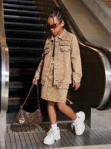 SHEIN Explorewe Tween Girls 美式复古马拉德色 3D 多口袋宽松休闲上衣和短裤牛仔两件套 - 咖啡棕 - 查看 3