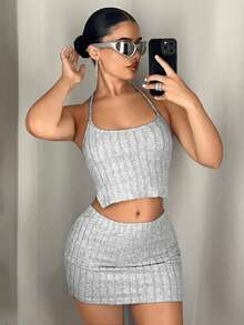 SHEIN ICON Women's Summer Halter Backless Tied Up Vest And Low Waist Mini Skirt Set - Light Grey - View 3